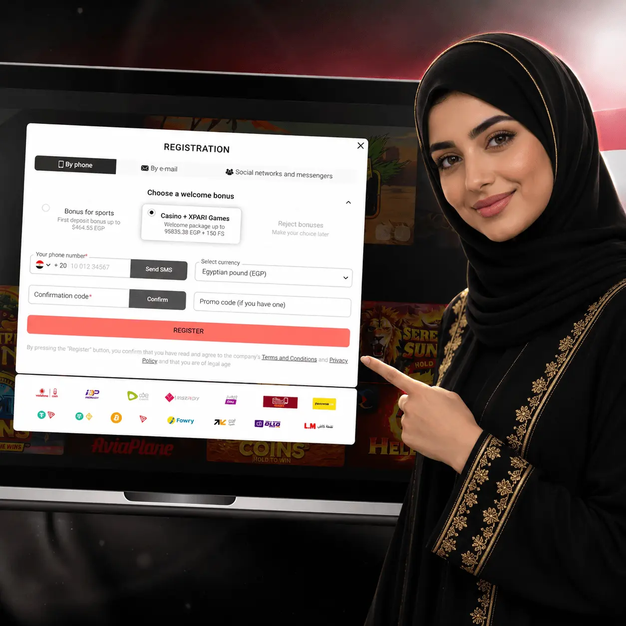 Registration at Xparibet Egypt and choosing the welcome bonus — sports betting and casino in EGP